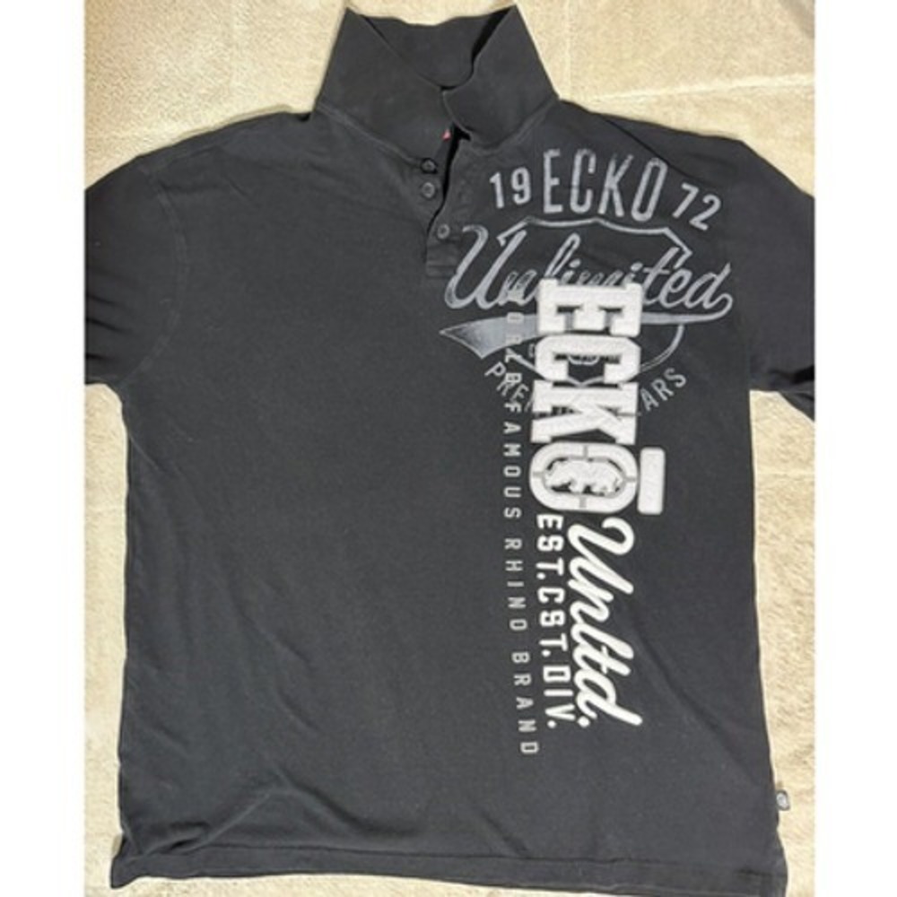 Ecko Unltd Mens Black Short Sleeve Graphic Polo Shirt 2XB Big & Tall Rhino Logo